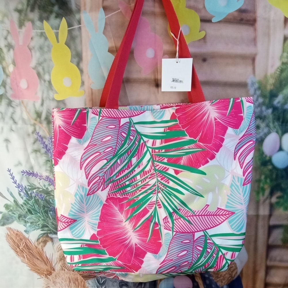 👜 Accent Tropical Print Tote Bag with Red Handles